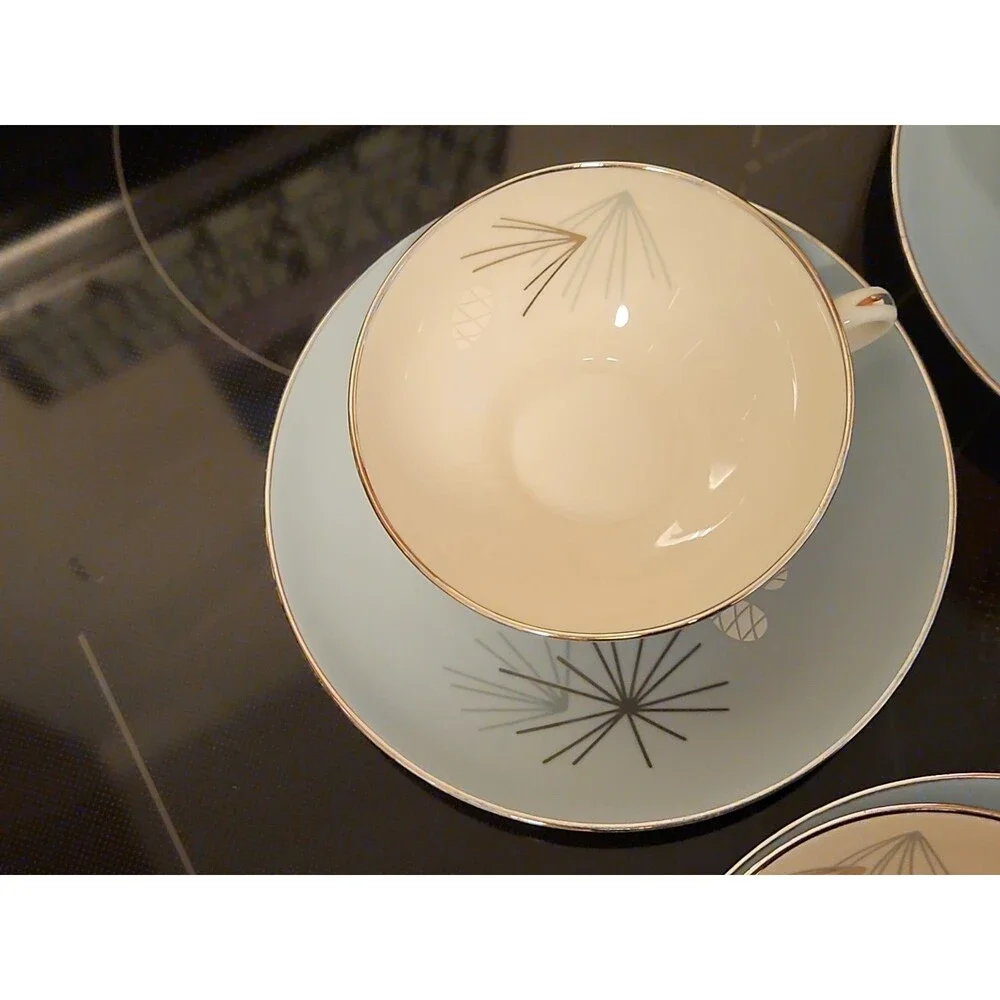 Set Of 4 Vintage MCM Franciscan Silver Pine Tea Cup & Saucer Sets Very Nice
